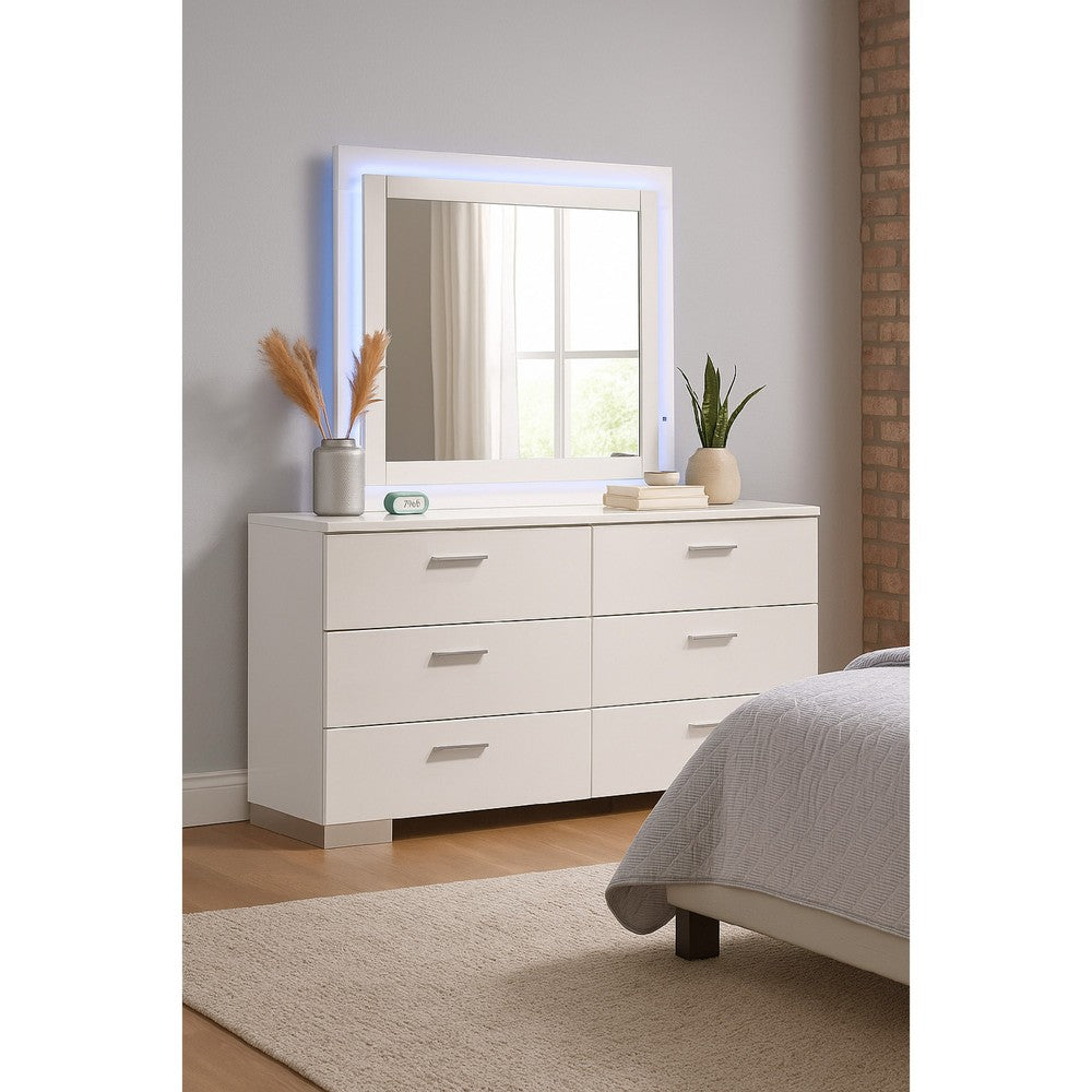 Sok Wide Dresser with LED Mirror | 6 Drawers | White High Gloss Finish