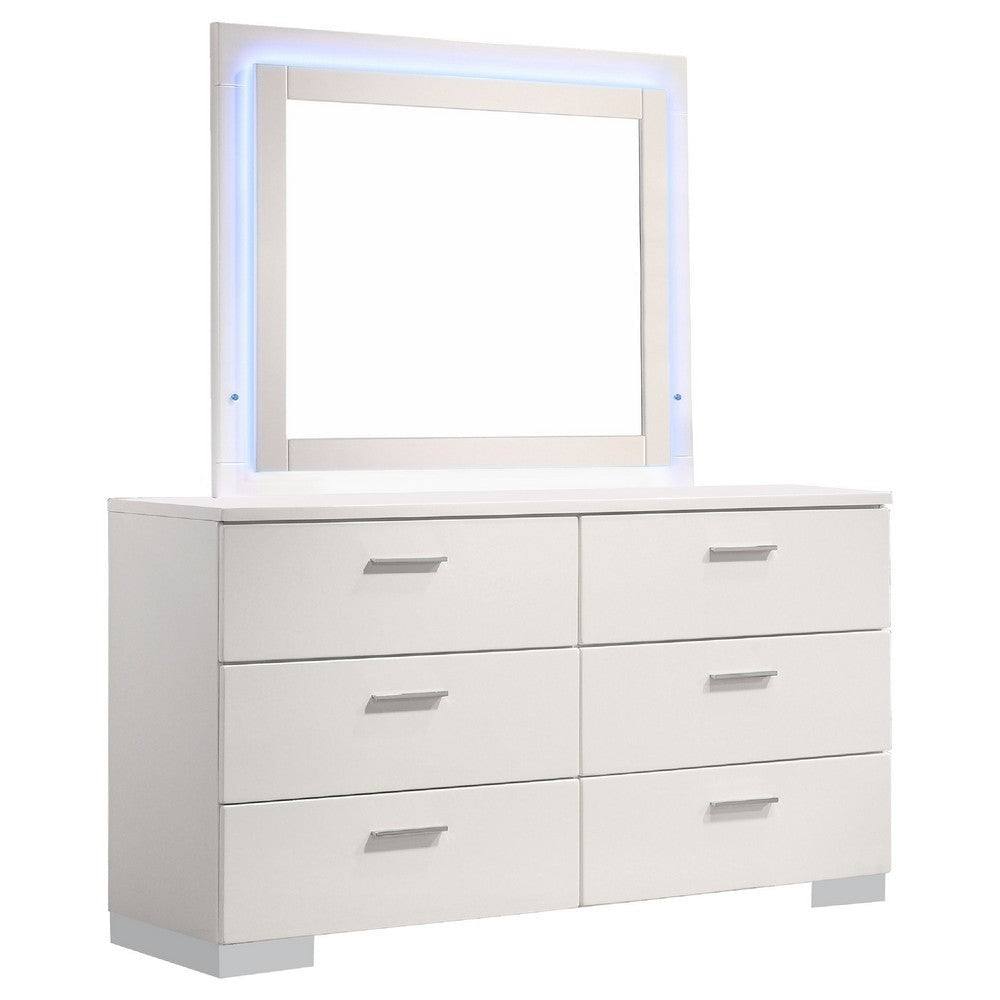 Sok Wide Dresser with LED Mirror | 6 Drawers | White High Gloss Finish