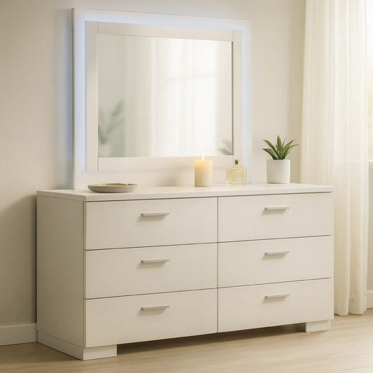 Sok Wide Dresser with LED Mirror | 6 Drawers | White High Gloss Finish