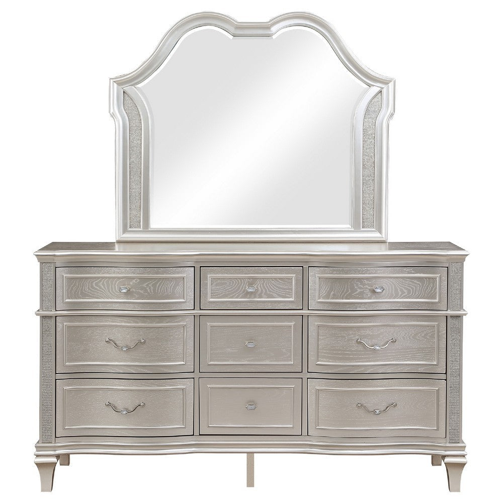 Nive Wide Dresser with Mirror 9 Drawers Pearl Knobs Silver Oak BM339968