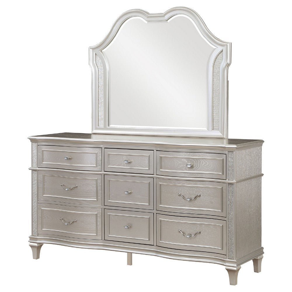 Nive Wide Dresser with Mirror 9 Drawers Pearl Knobs Silver Oak BM339968