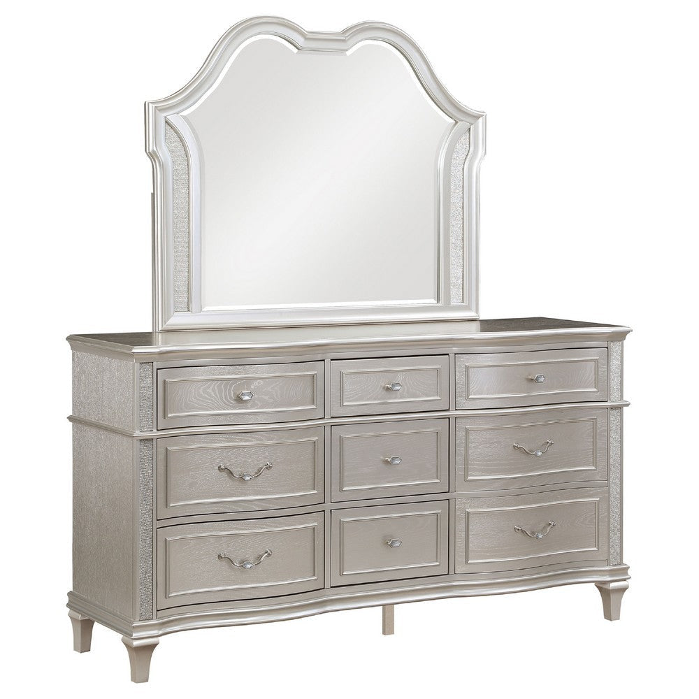 Nive Wide Dresser with Mirror, 9 Drawers, Pearl Knobs, Silver Oak