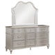Nive Wide Dresser with Mirror, 9 Drawers, Pearl Knobs, Silver Oak