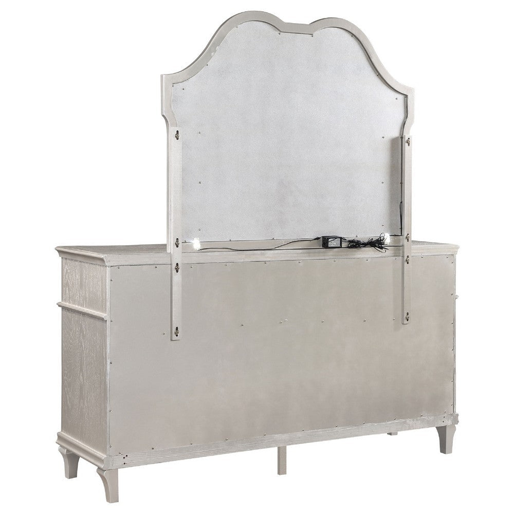 Nive Wide Dresser with Mirror 9 Drawers Pearl Knobs Silver Oak BM339968