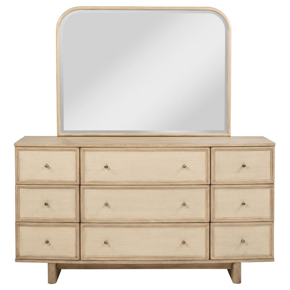 Lno Wide Dresser with Mirror 9 Drawers Beige Oak Wood Frame BM339970
