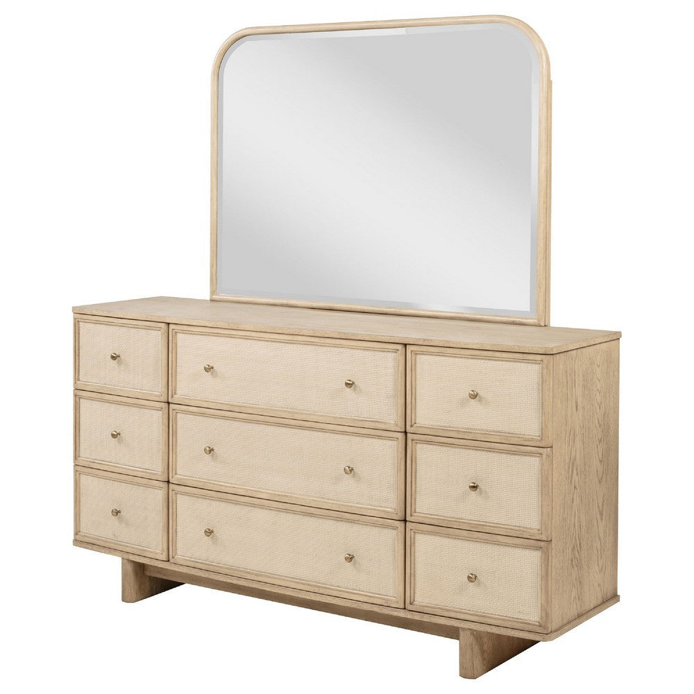 Lno Wide Dresser with Mirror 9 Drawers Beige Oak Wood Frame BM339970