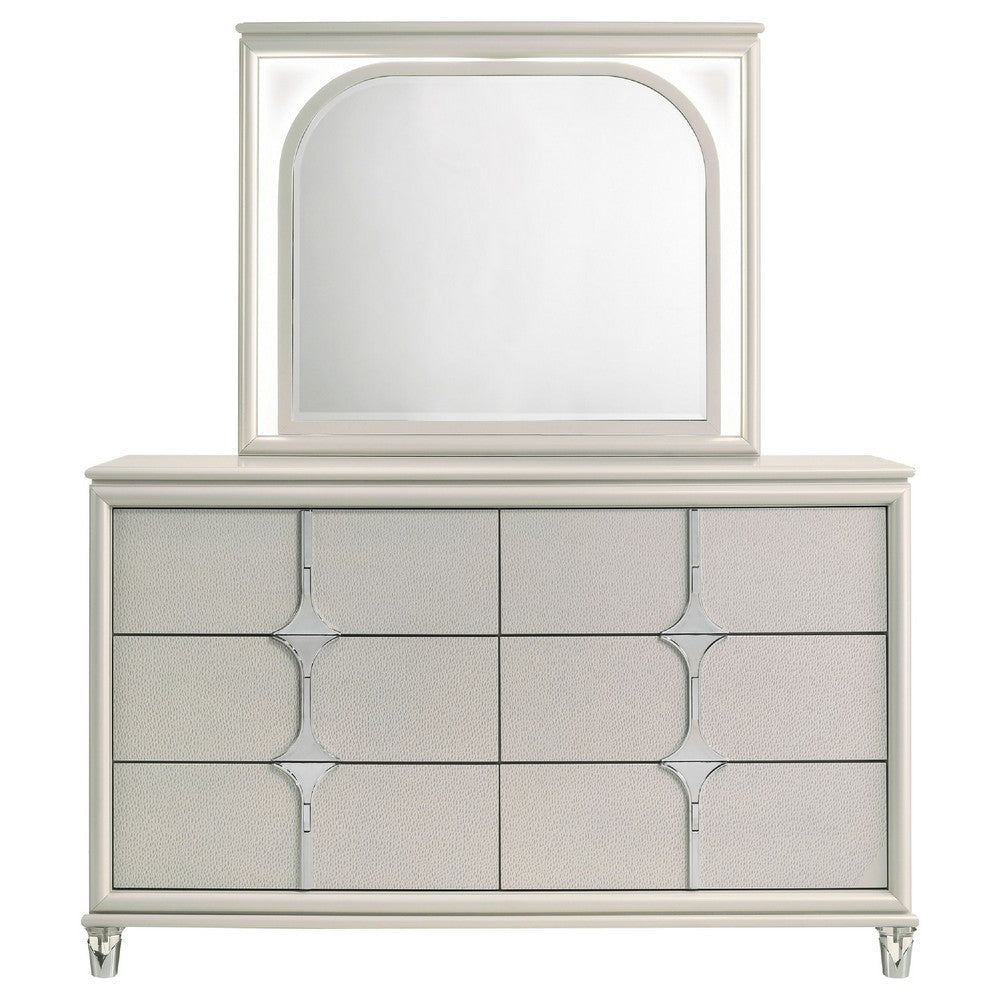 Ory Wide Dresser with LED Mirror 6 Drawers Pearl White Wood Frame BM339971