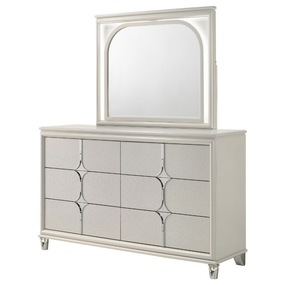 Ory Wide Dresser with LED Mirror 6 Drawers Pearl White Wood Frame BM339971