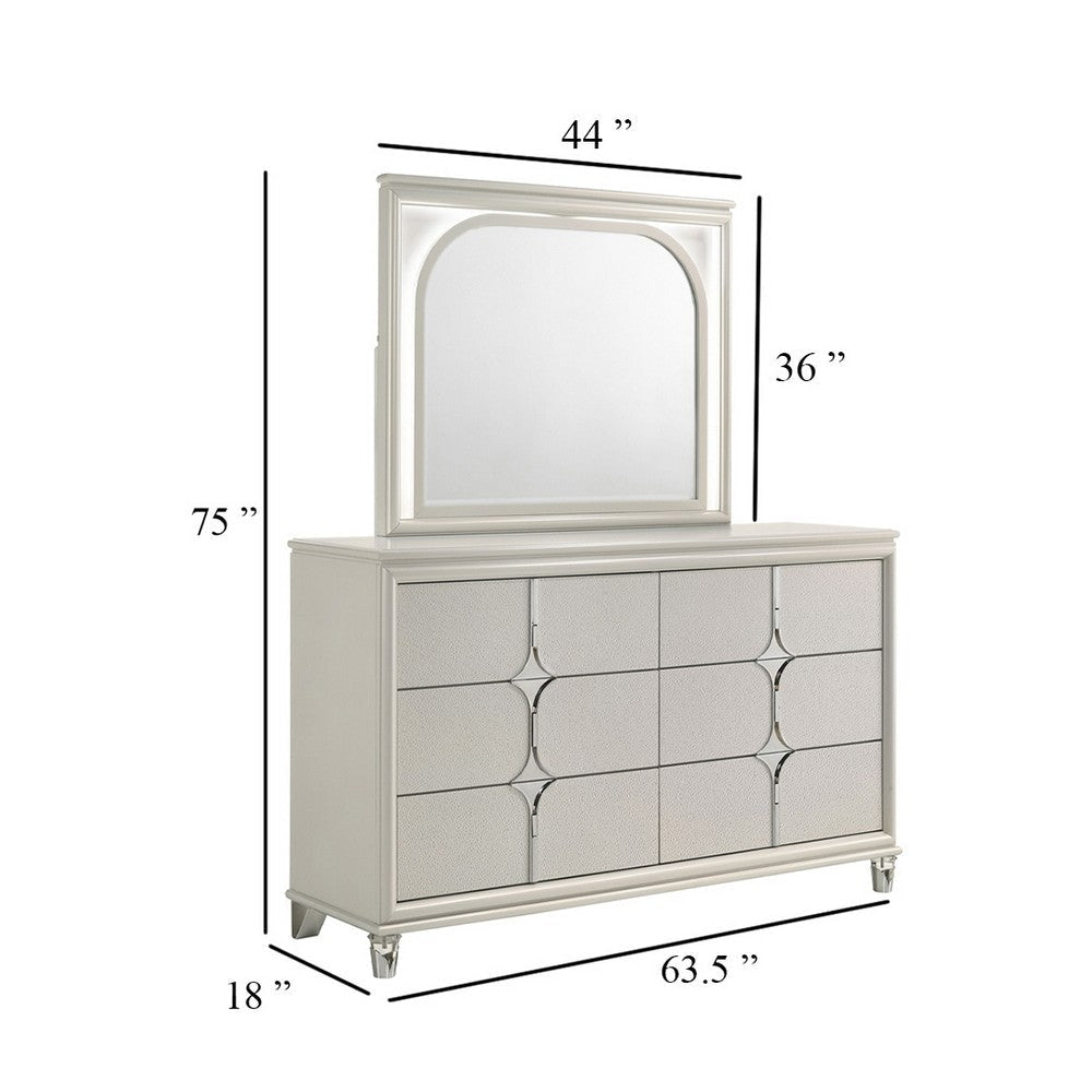 Ory Wide Dresser with LED Mirror 6 Drawers Pearl White Wood Frame BM339971