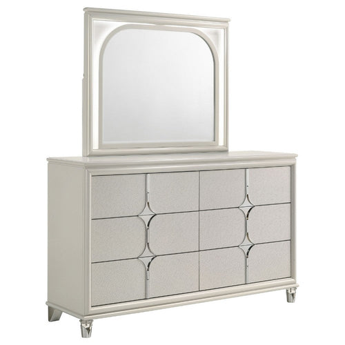 Ory Wide Dresser with LED Mirror, 6 Drawers, Pearl White Wood Frame