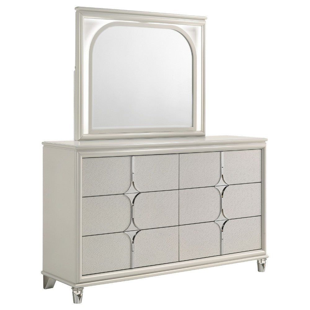 Ory Wide Dresser with LED Mirror, 6 Drawers, Pearl White Wood Frame