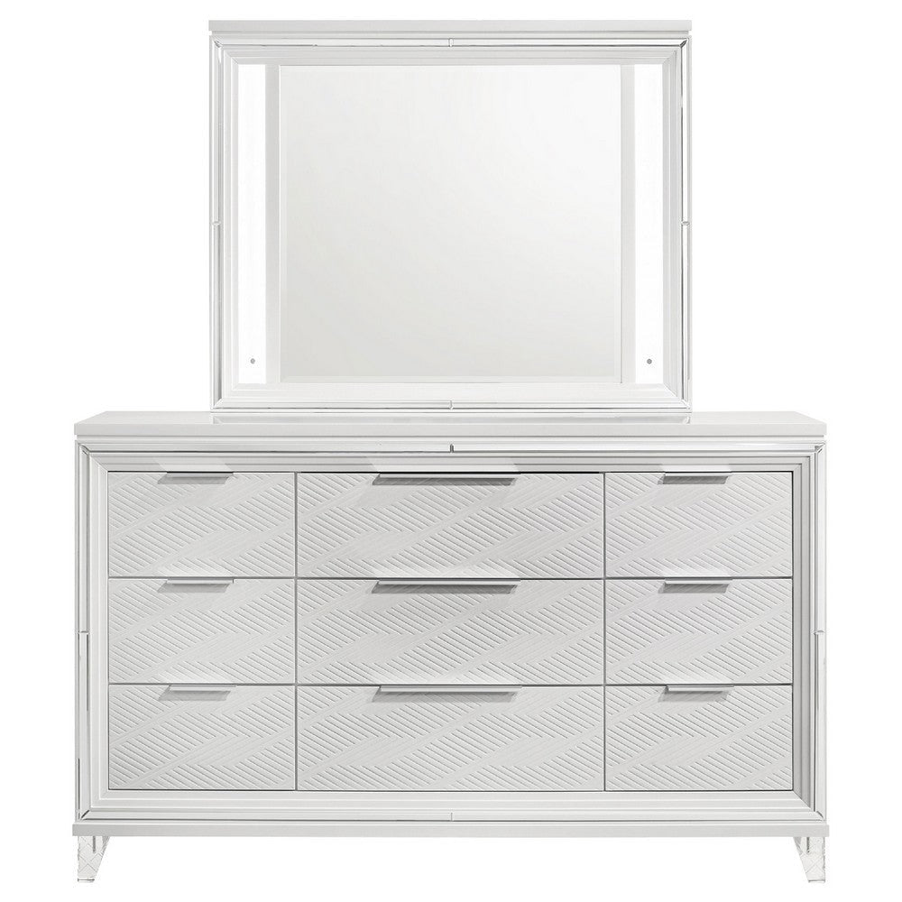 Mory Wide Dresser with LED Mirror Touch Light 9 Drawers White Wood BM339972