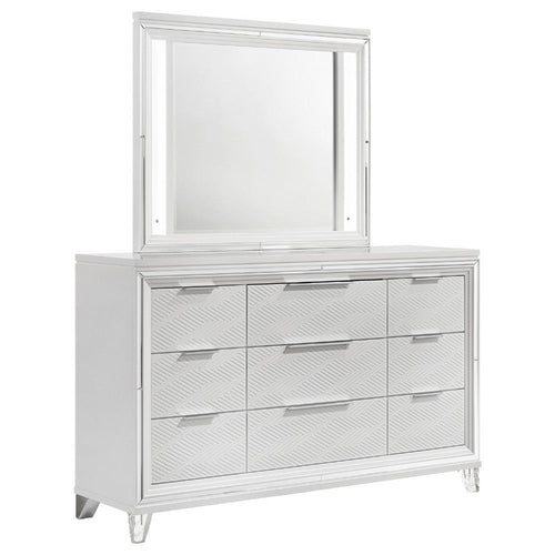 Mory Wide Dresser with LED Mirror, Touch Light, 9 Drawers, White Wood