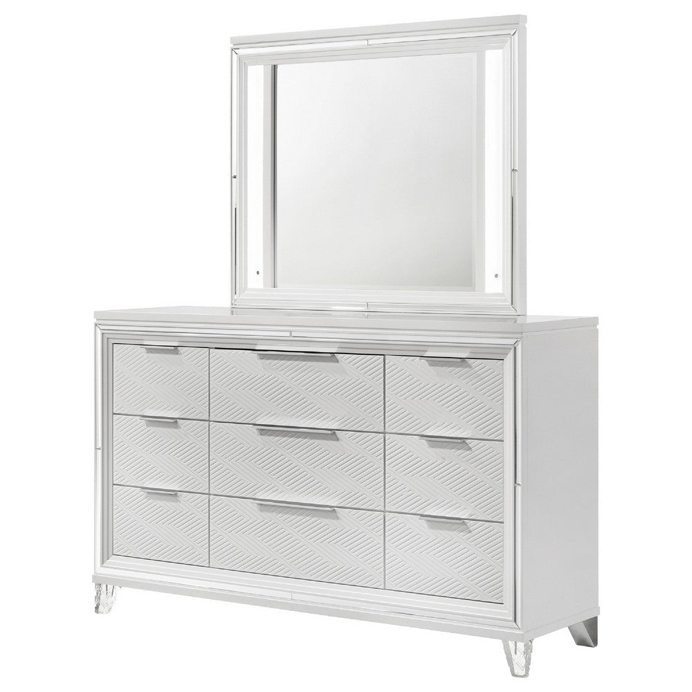 Mory Wide Dresser with LED Mirror Touch Light 9 Drawers White Wood BM339972