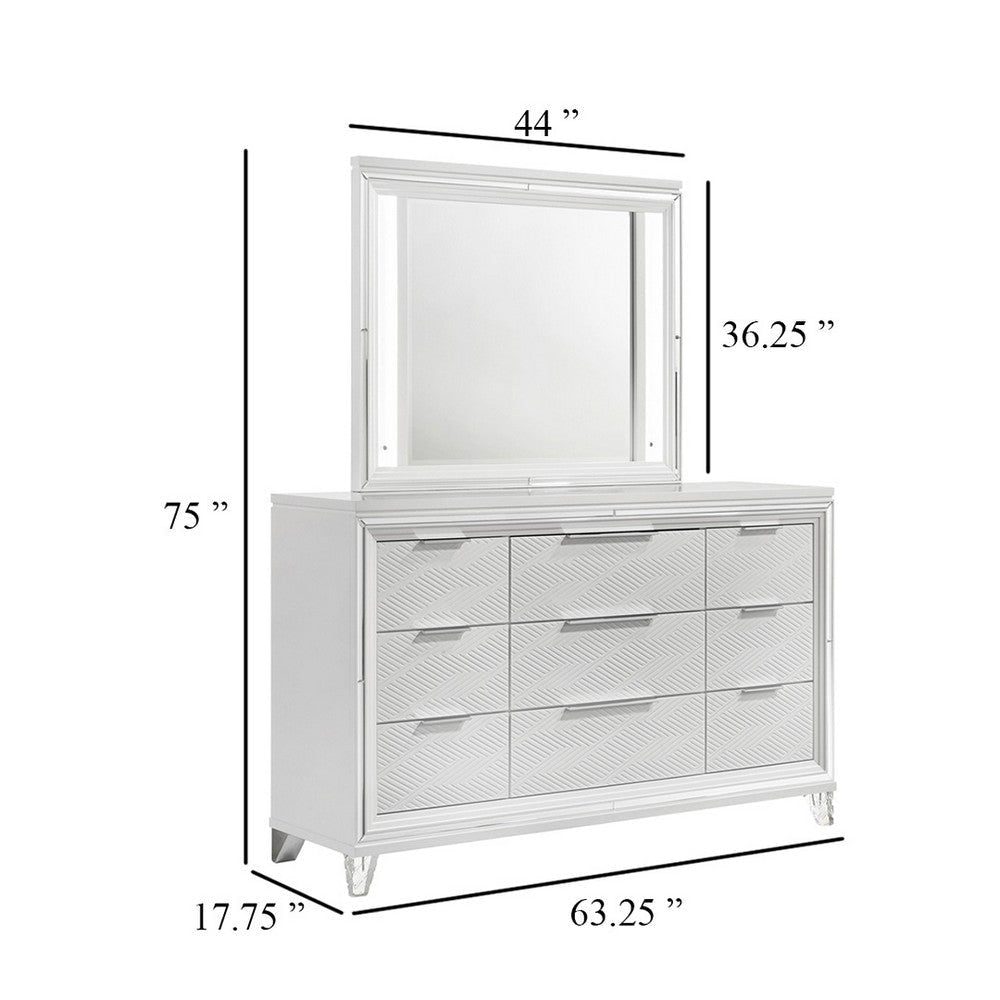 Mory Wide Dresser with LED Mirror Touch Light 9 Drawers White Wood BM339972