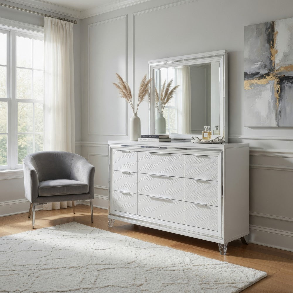 Mory Wide Dresser with LED Mirror, Touch Light, 9 Drawers, White Wood