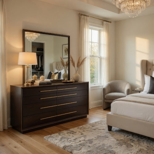 Lyni Wide Dresser with Mirror, 8 Drawers, Metal Handles, Brown Wood