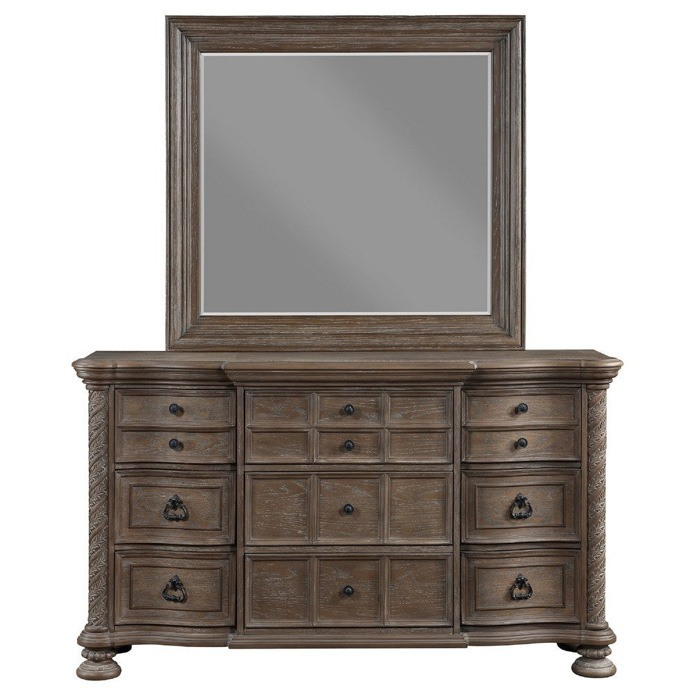 Emmy Wide Dresser with Mirror 9 Drawers Walnut Brown Wood Frame BM339975