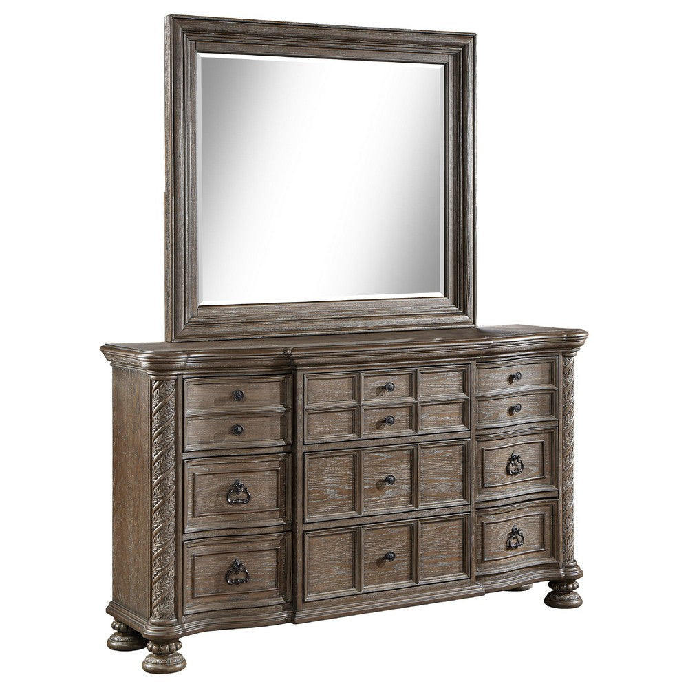 Emmy Wide Dresser with Mirror, 9 Drawers, Walnut Brown Wood Frame