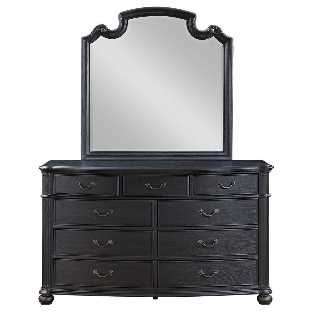Selena Wide Dresser with Mirror 9 Drawers Metal Handles Black Wood BM339976