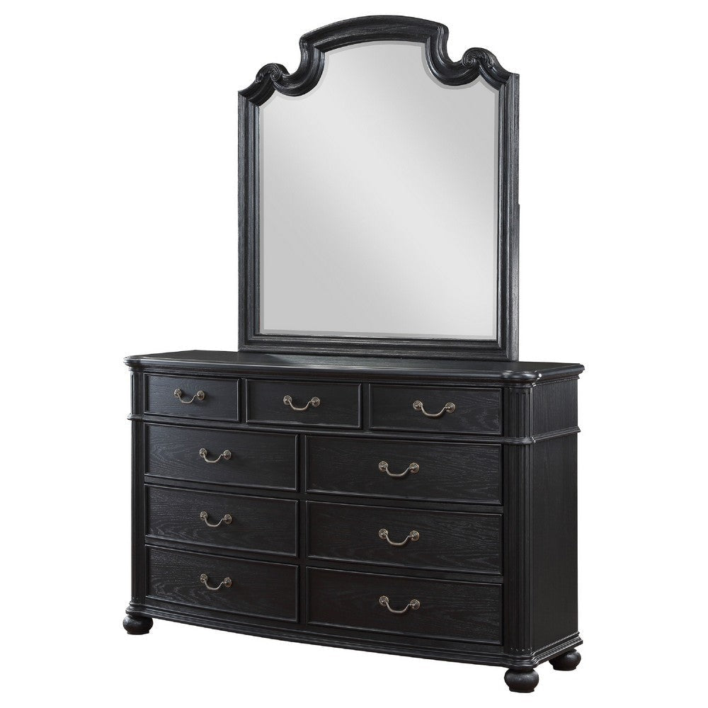 Selena Wide Dresser with Mirror 9 Drawers Metal Handles Black Wood BM339976