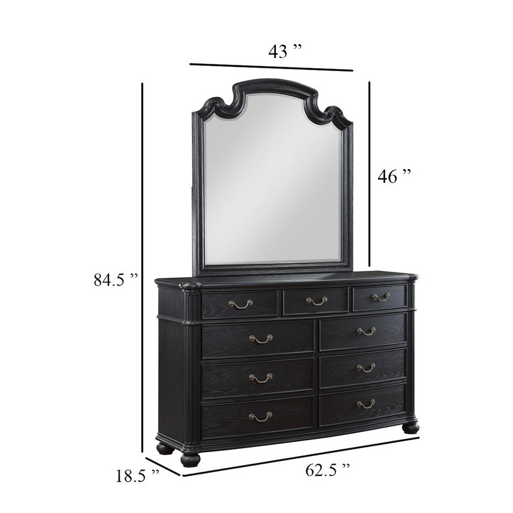 Selena Wide Dresser with Mirror 9 Drawers Metal Handles Black Wood BM339976