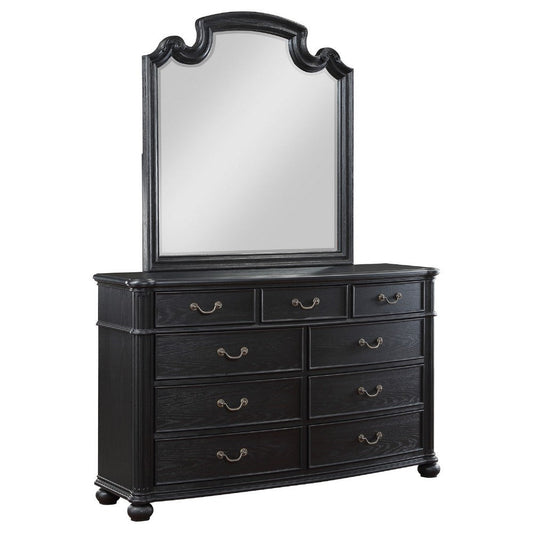 Selena Wide Dresser with Mirror, 9 Drawers, Metal Handles, Black Wood