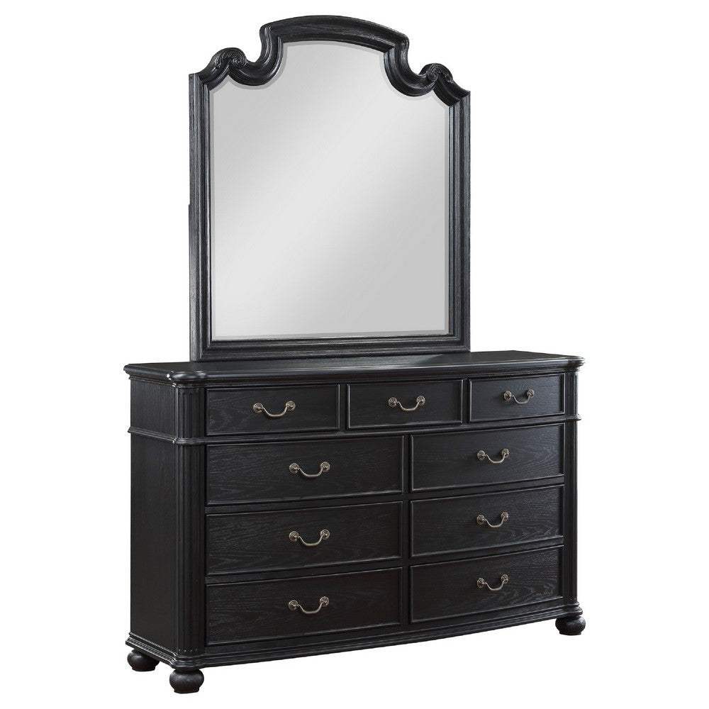 Selena Wide Dresser with Mirror, 9 Drawers, Metal Handles, Black Wood