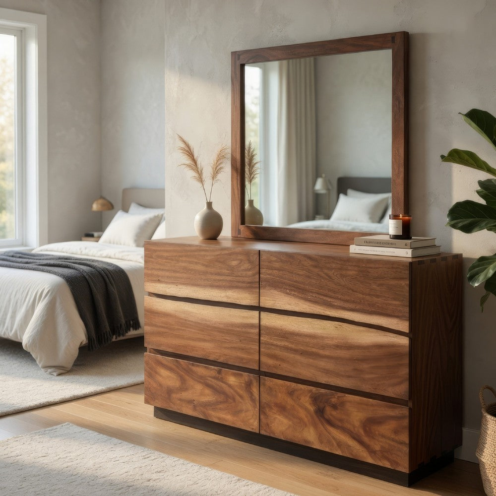 Zeko Wide Dresser with Mirror, 6 Drawers, Smokey Walnut Brown Wood