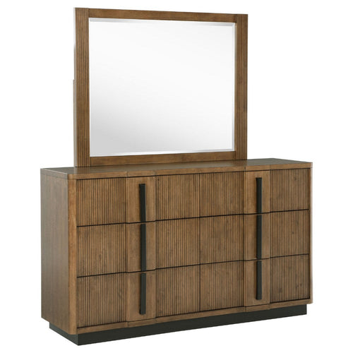 Reon Wide Dresser with Mirror, 6 Drawers, Vertical Fluting, Brown Wood