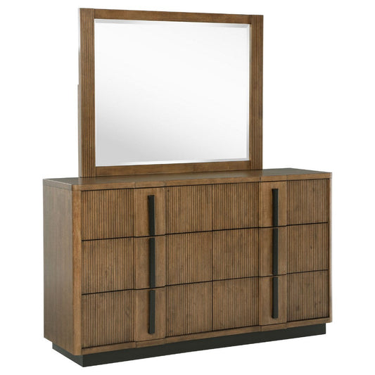 Reon Wide Dresser with Mirror, 6 Drawers, Vertical Fluting, Brown Wood