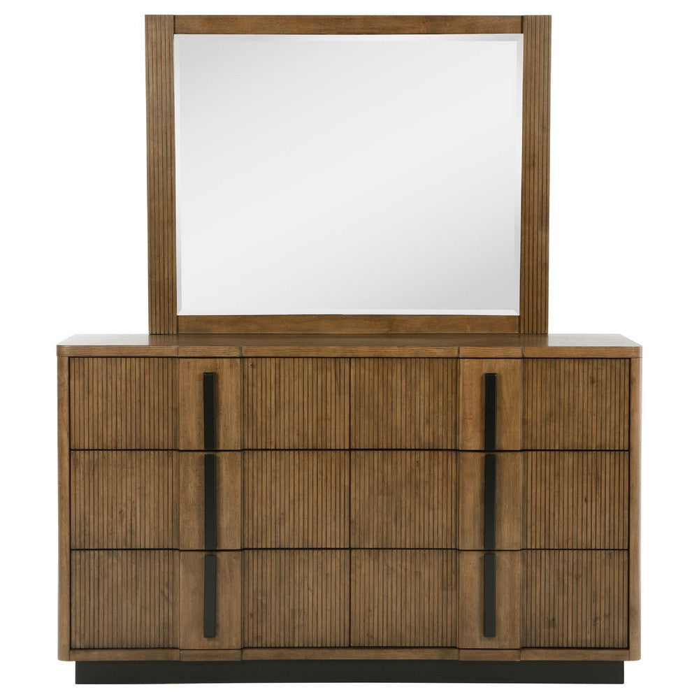 Reon Wide Dresser with Mirror 6 Drawers Vertical Fluting Brown Wood BM339978