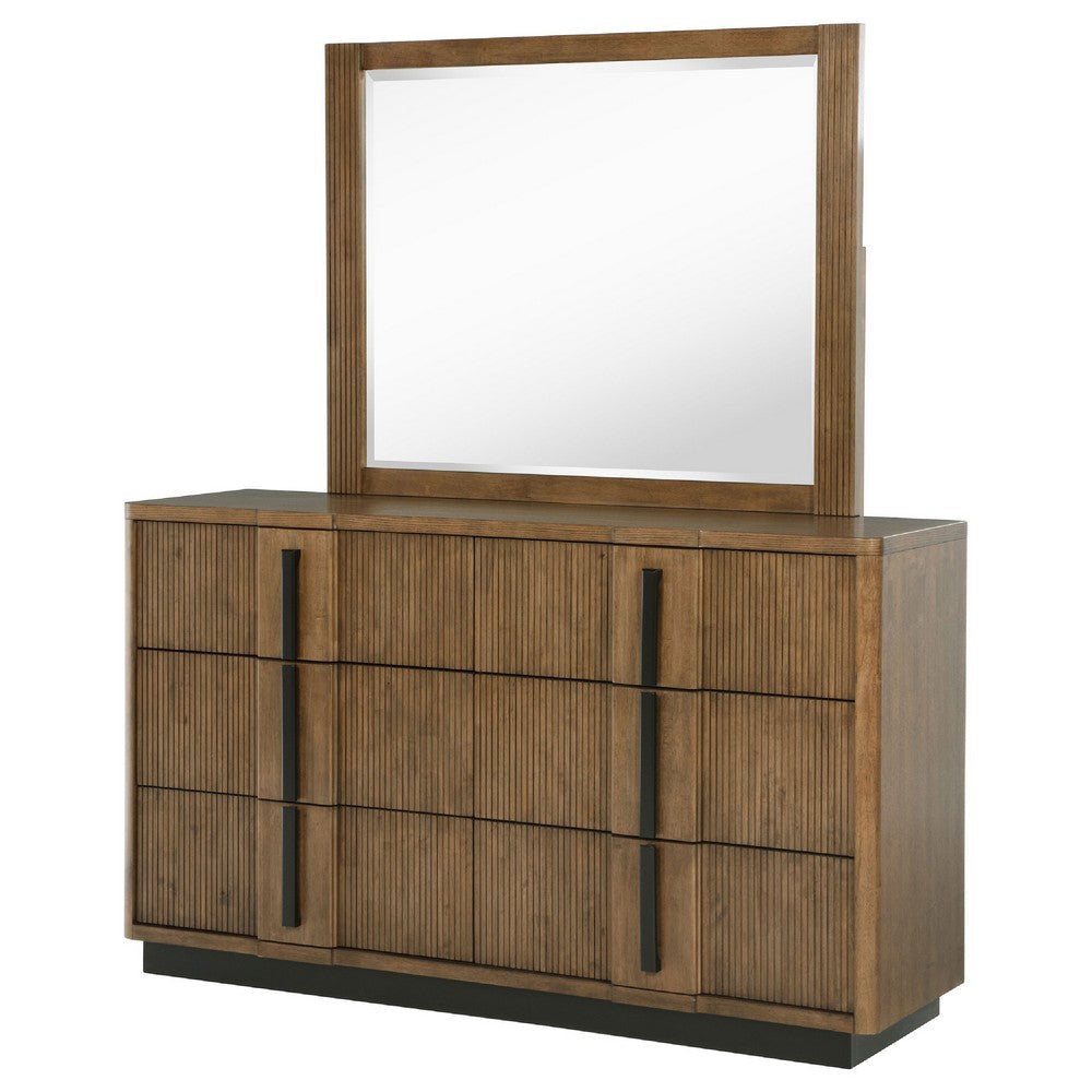 Reon Wide Dresser with Mirror 6 Drawers Vertical Fluting Brown Wood BM339978