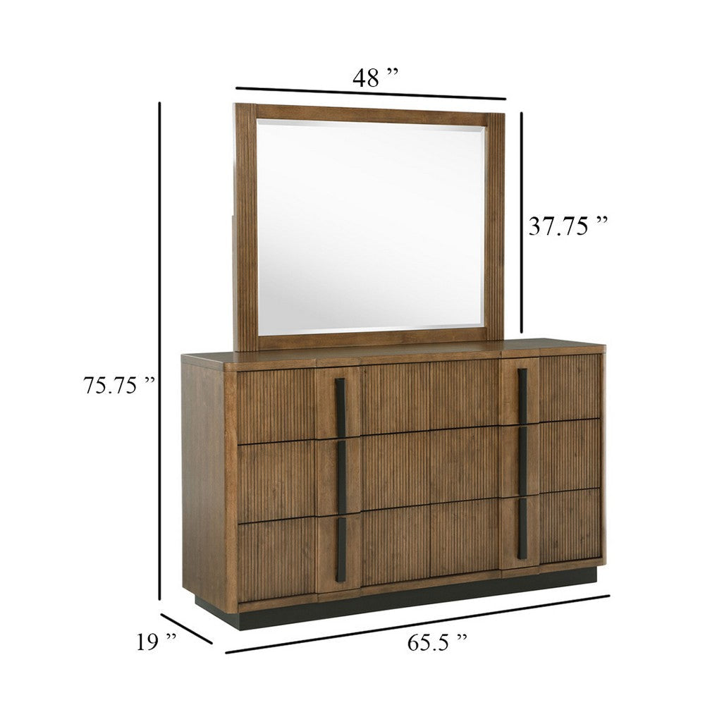 Reon Wide Dresser with Mirror 6 Drawers Vertical Fluting Brown Wood BM339978