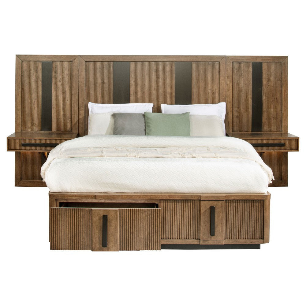 Reon Queen Wall Panel Storage Bed Set with Nightstands Ash Brown Wood BM339979