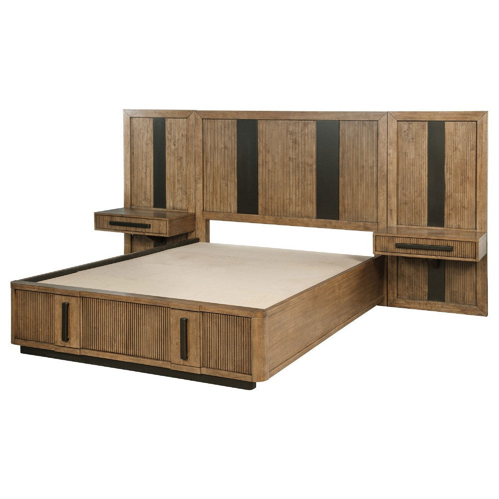 Reon Queen Wall Panel Storage Bed Set with Nightstands Ash Brown Wood BM339979