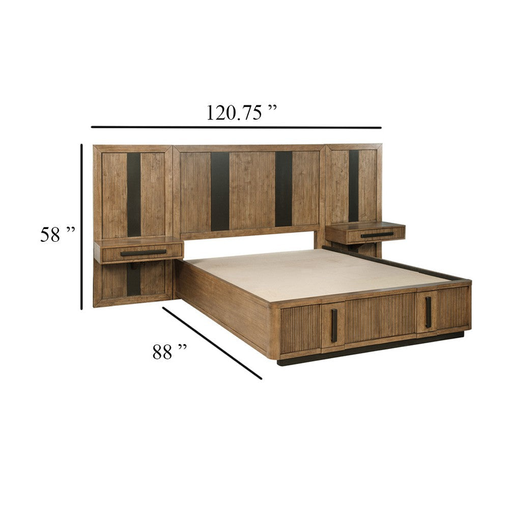 Reon Queen Wall Panel Storage Bed Set with Nightstands Ash Brown Wood BM339979