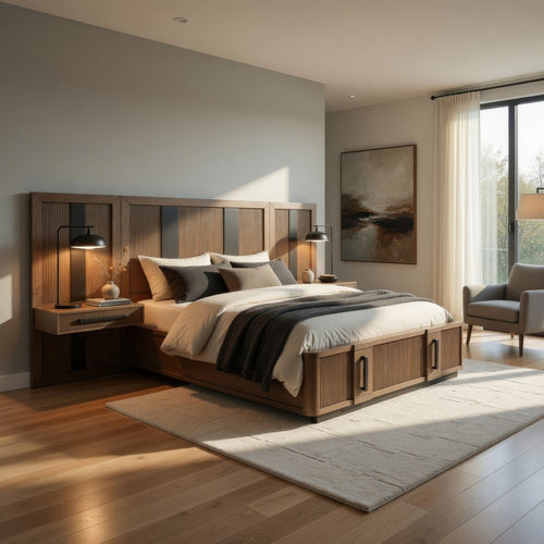 Reon Queen Wall Panel Storage Bed Set with Nightstands, Ash Brown Wood