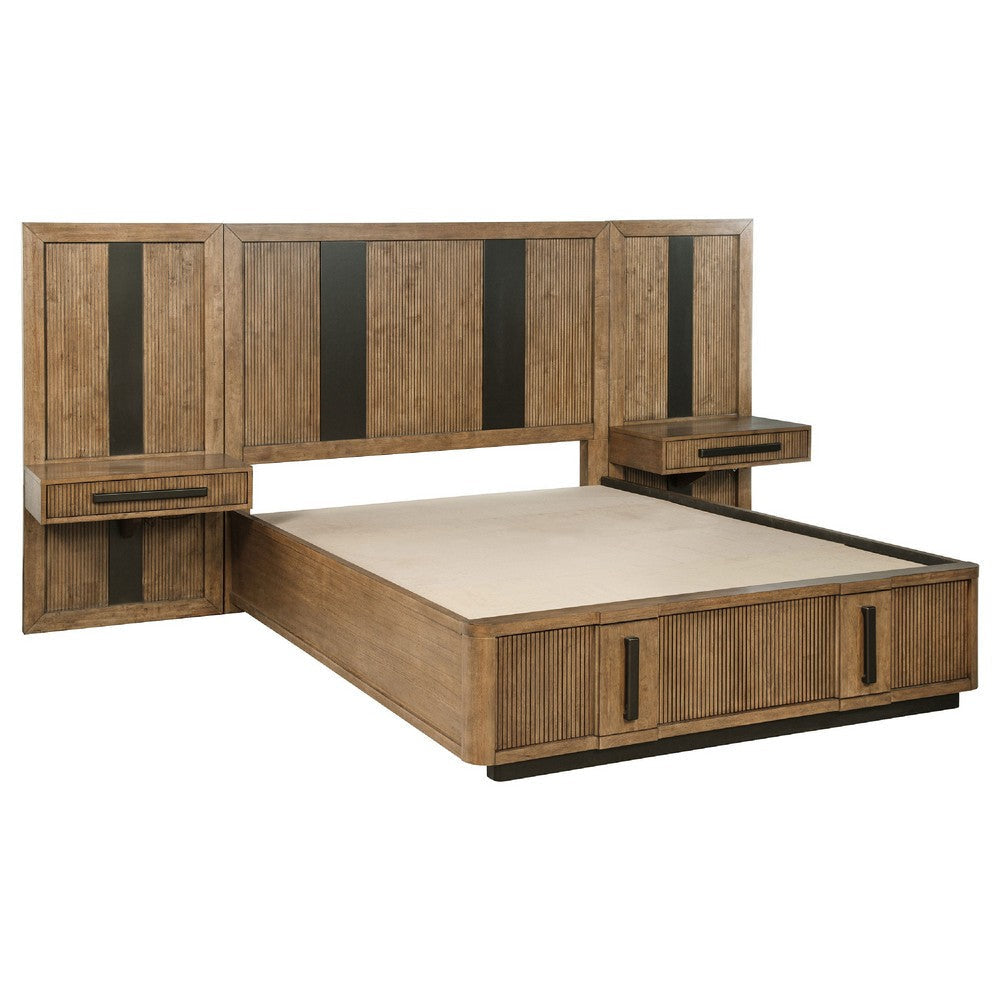 Reon Queen Wall Panel Storage Bed Set with Nightstands, Ash Brown Wood