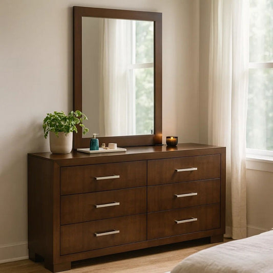 Bela Wide Dresser with Mirror | 6 Drawers | Silver | Cappuccino Brown
