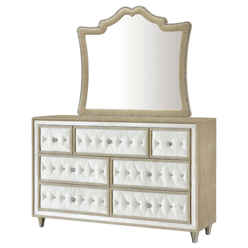 Lino Wide Dresser with Rivet Trim Mirror | Ivory Button Tufted Velvet BM339982