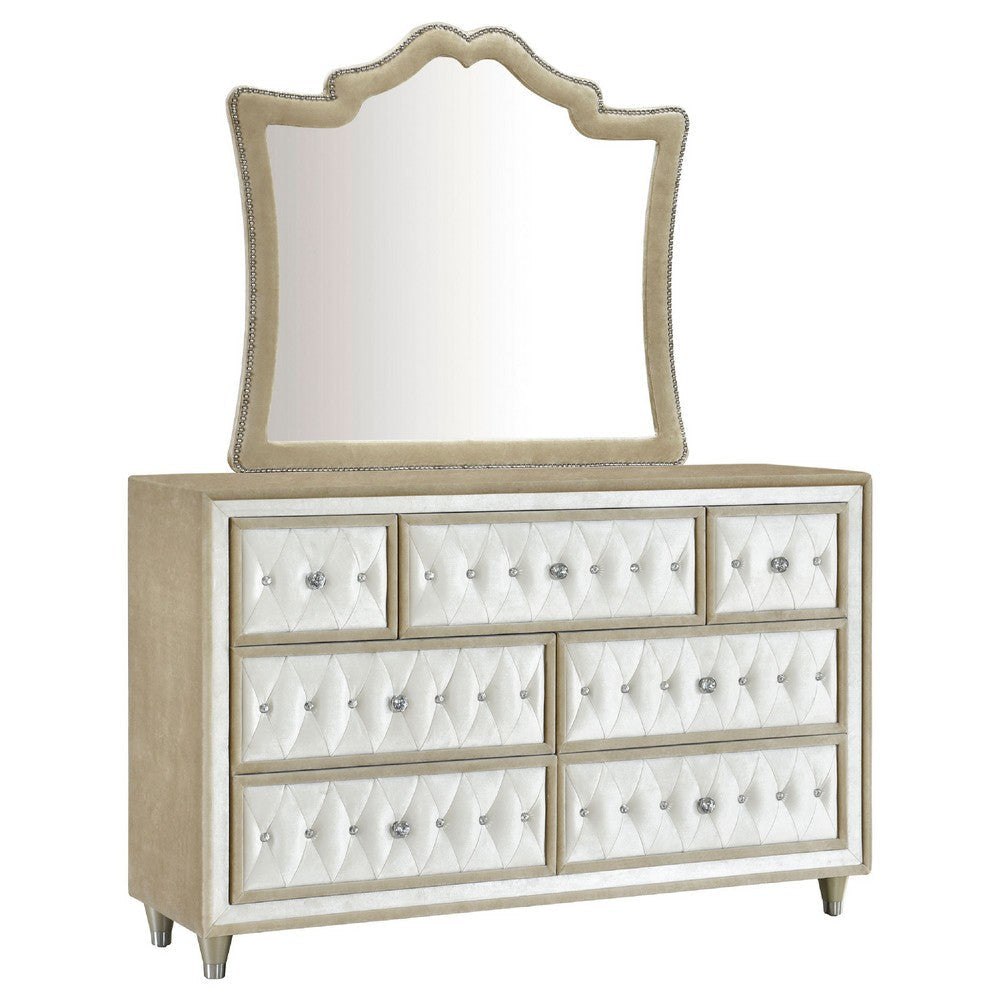 Lino Wide Dresser with Rivet Trim Mirror | Ivory Button Tufted Velvet