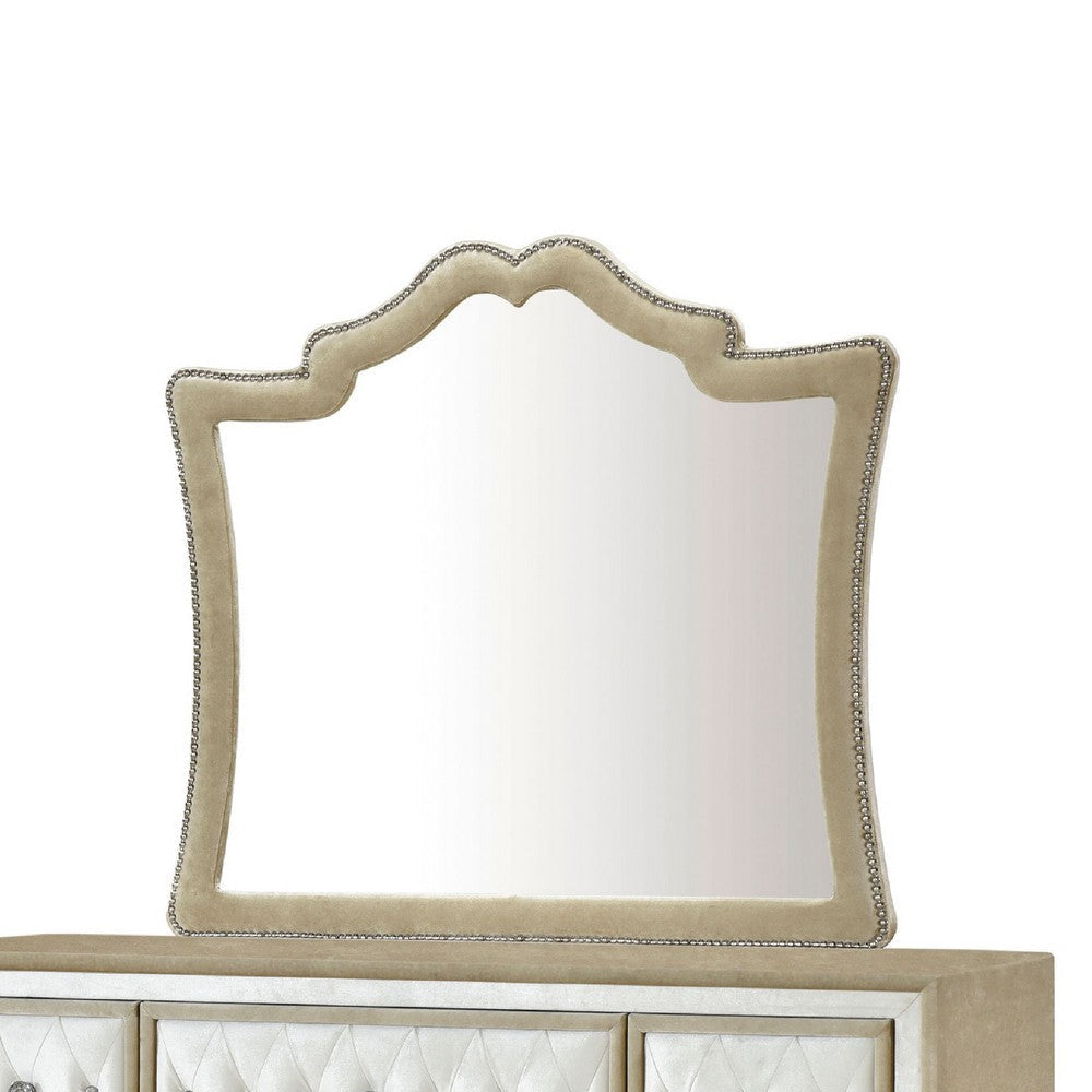 Lino Wide Dresser with Rivet Trim Mirror | Ivory Button Tufted Velvet BM339982