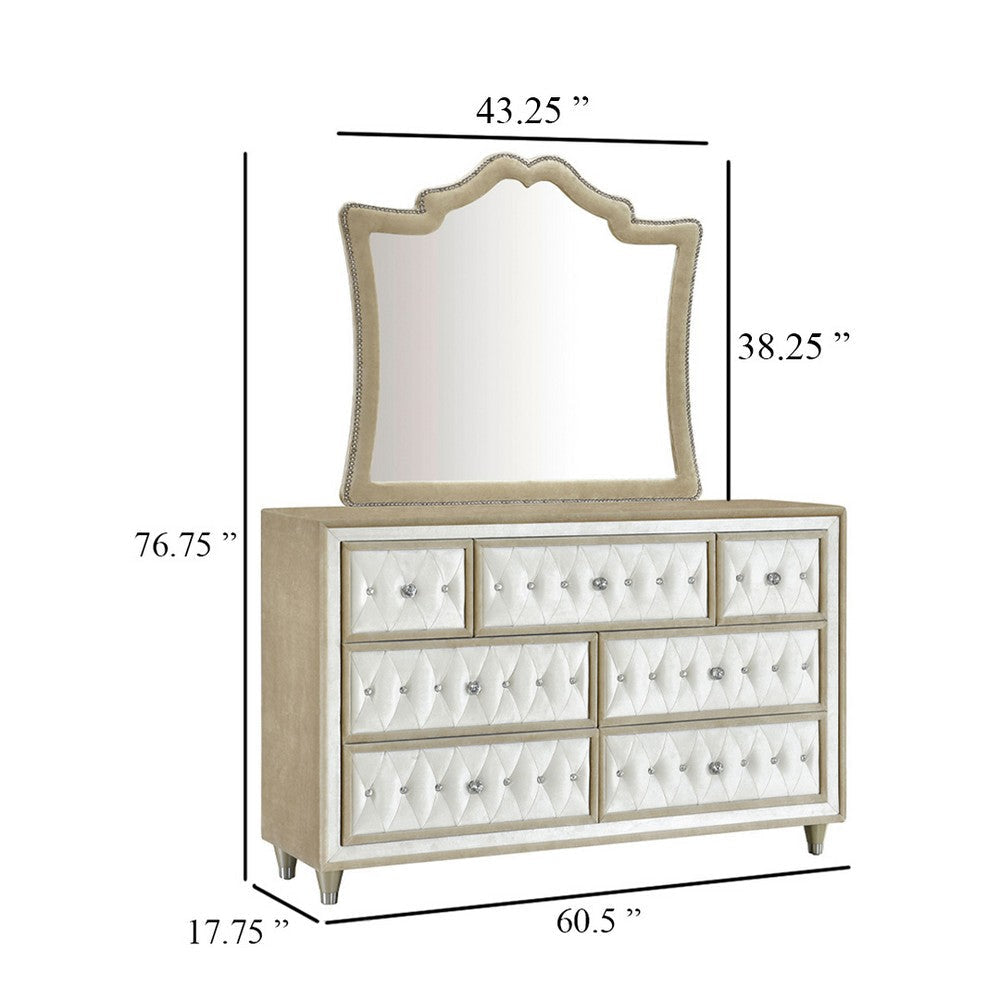 Lino Wide Dresser with Rivet Trim Mirror | Ivory Button Tufted Velvet BM339982