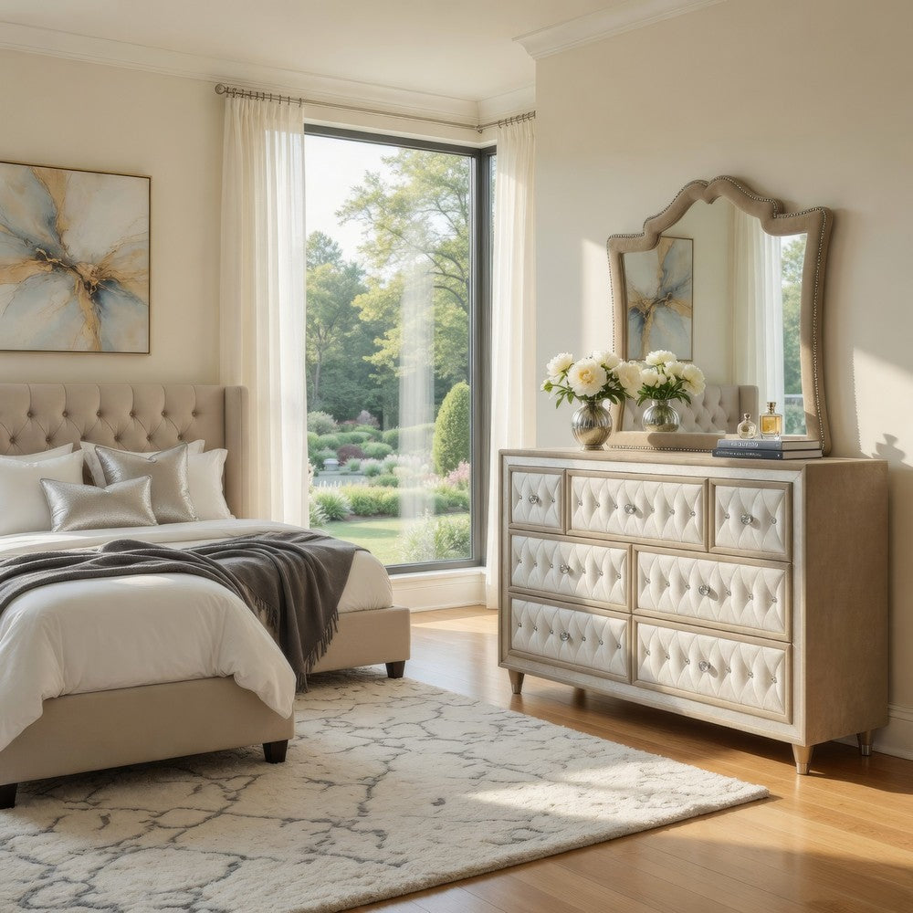 Lino Wide Dresser with Rivet Trim Mirror | Ivory Button Tufted Velvet