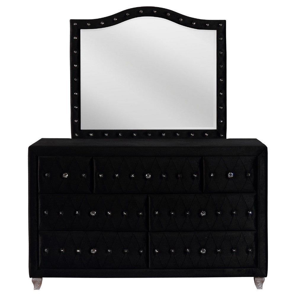 Leine Wide Dresser and Mirror | 7 Drawer | Crystal Black Tufted Velvet BM339983