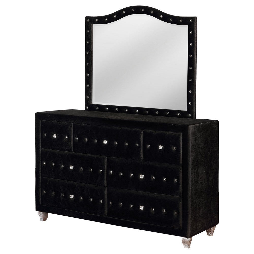 Leine Wide Dresser and Mirror | 7 Drawer | Crystal Black Tufted Velvet BM339983