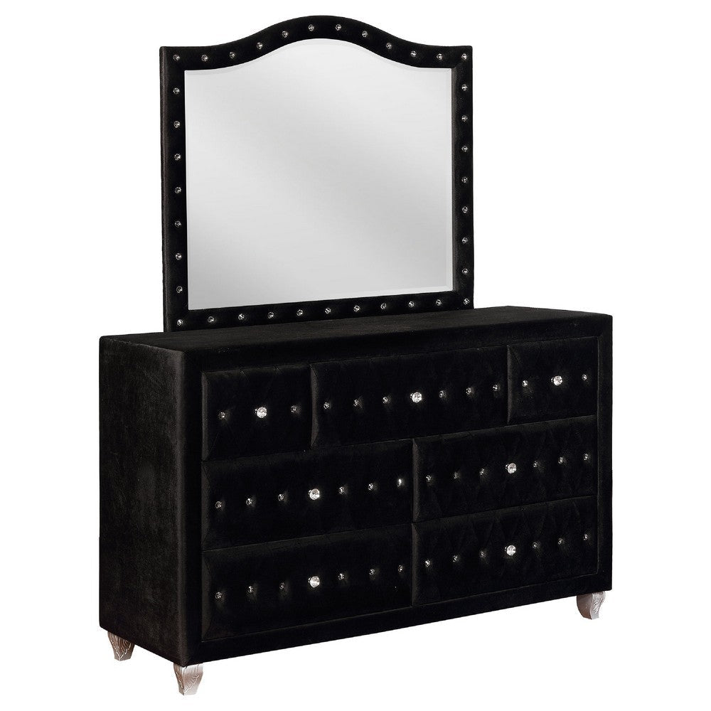 Leine Wide Dresser and Mirror | 7 Drawer | Crystal Black Tufted Velvet