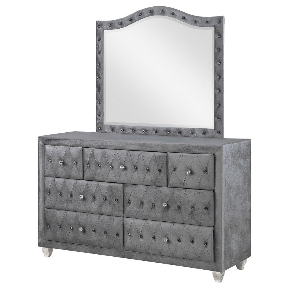 Leine Wide Dresser with Mirror and 7 Drawers | Gray Tufted Velvet BM339984