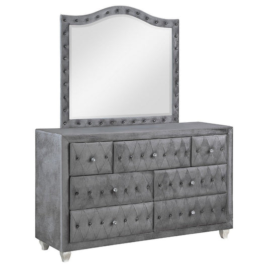 Leine Wide Dresser with Mirror and 7 Drawers | Gray Tufted Velvet